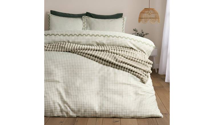 OHS Gingham Wave Border Bedding Set Microfibre Duvet Cover Set Sage - Double