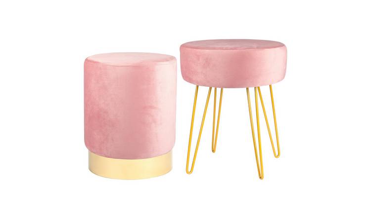 Harbour Housewares 2 Piece Round Velvet Footstools Set - Pink