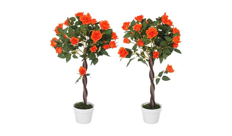 Outsunny Set of 2 Artificial Rose Trees - Orange and Green