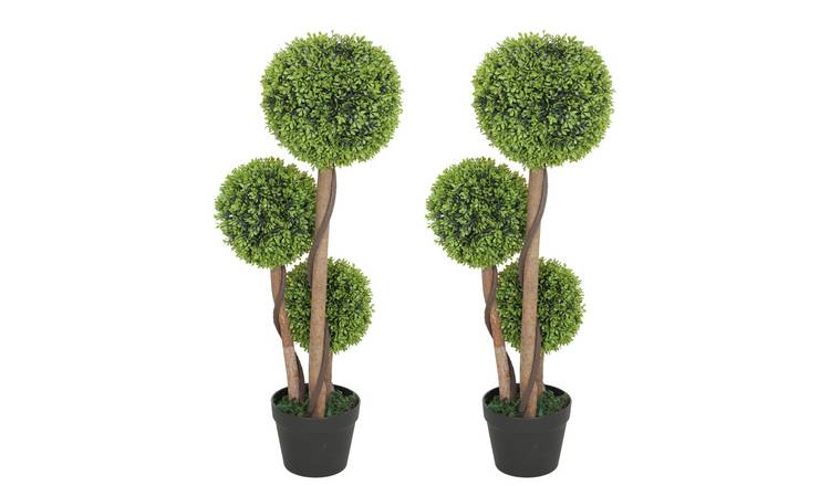 HOMCOM Set of 2 Artificial Boxwood with 3 Topiary Balls- Green
