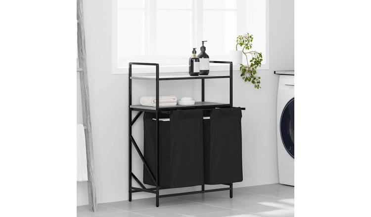 Walplus Laundry Basket 2 Compartments with Shelves - Grey - 67 x 33 x 97 cm