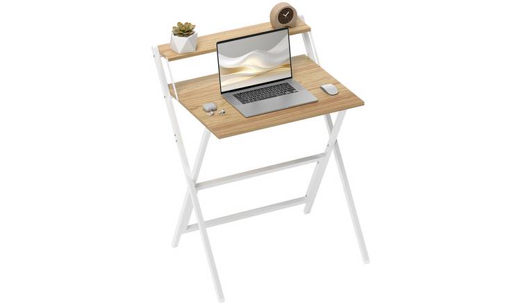 HOMCOM Folding Computer Desk with Monitor Shelf - Natural Wood