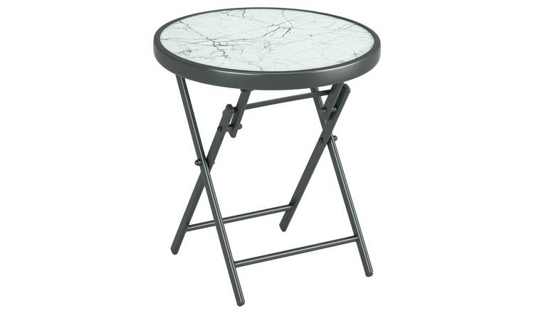 Outsunny Foldable Garden Side Table with Imitation Marble Glass Top - White