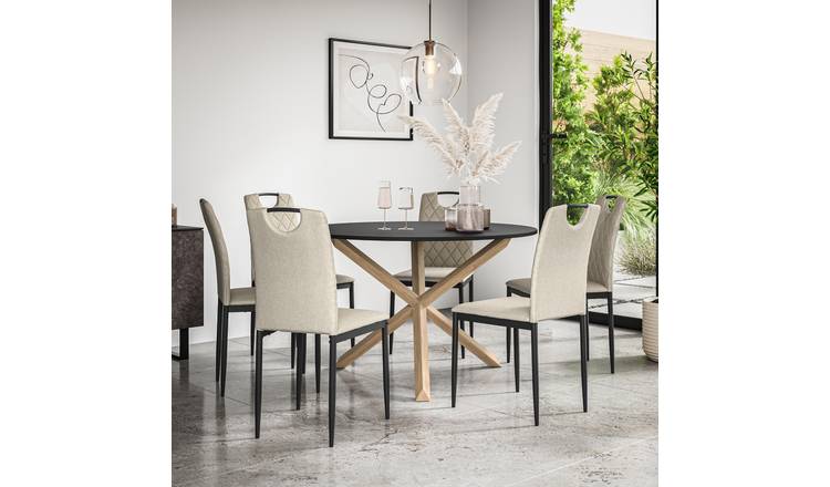 Furniture Online Malvern Monza Black Top Dining Table & 6 Beige Chairs