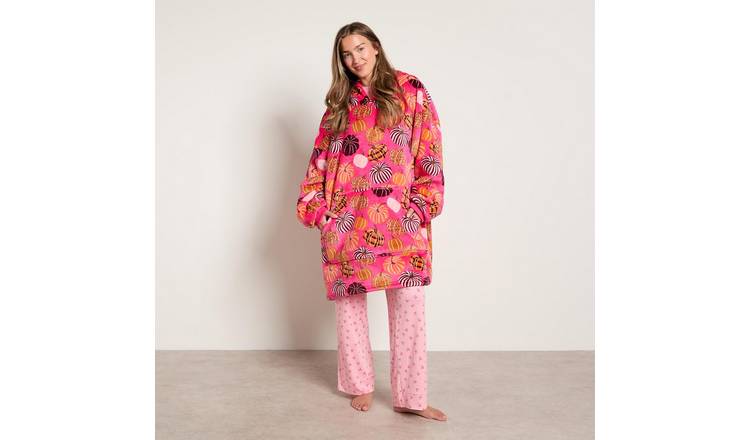 OHS Autumn Pumpkin Flannel Hoodie Blanket - One Size - Pink