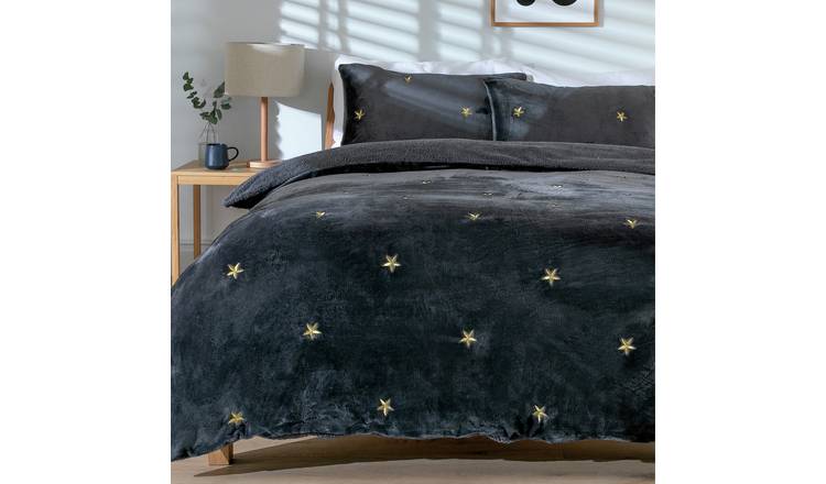 Argos Home Fleece Embroidered Grey Bedding Set - Kingsize