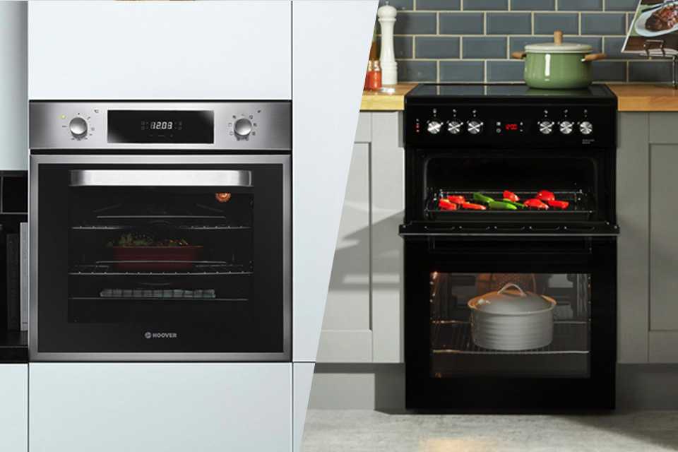 A split image of a black cooker and a silver oven.