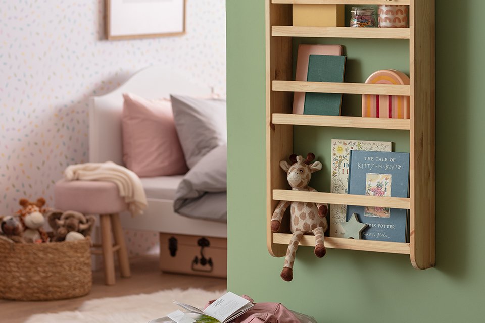 Habitat Kids Scandinavia wall mounted bookcase in pine finish.