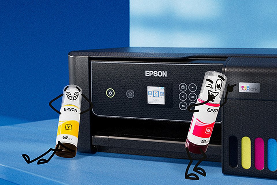 Animated ink cartoon icons standing next to a black Epson printer.