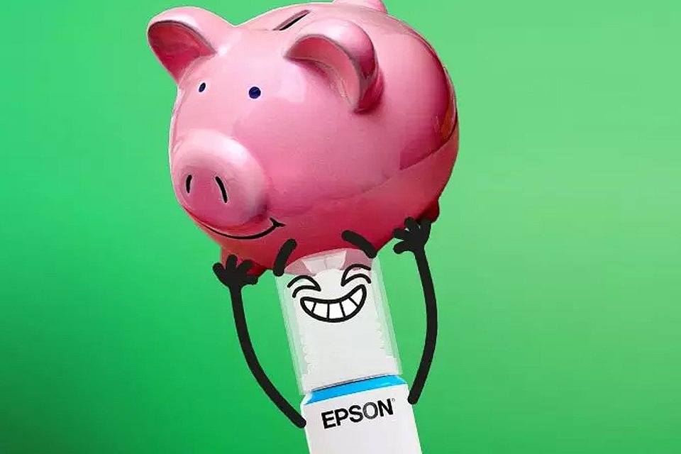 Animated Epson cartoon ink catridge holding up a piggy bank.