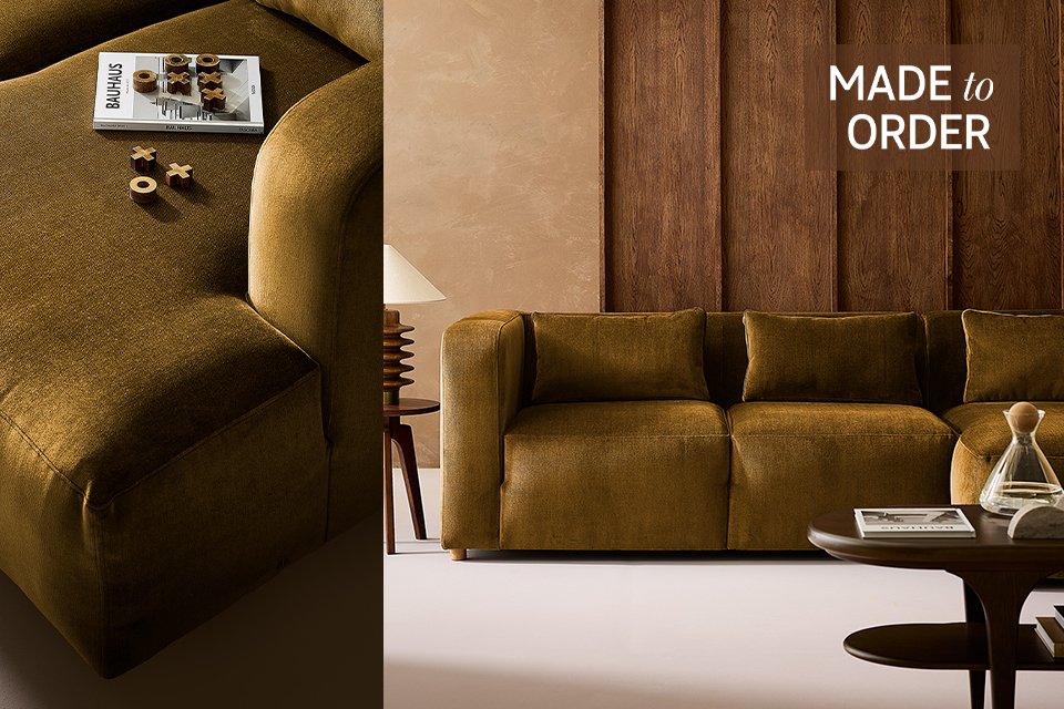 Brown velvet made to order habitat sofa.