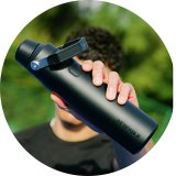 Water bottles and travel mugs.