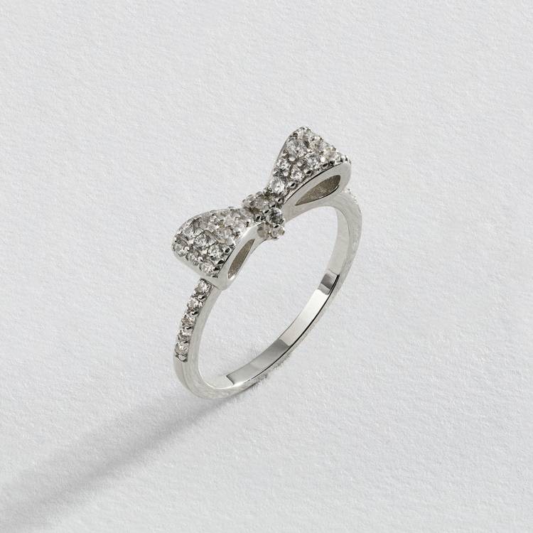 Revere Rhodium Plated Silver Cubic Zirconia Bow Ring - Q 0
