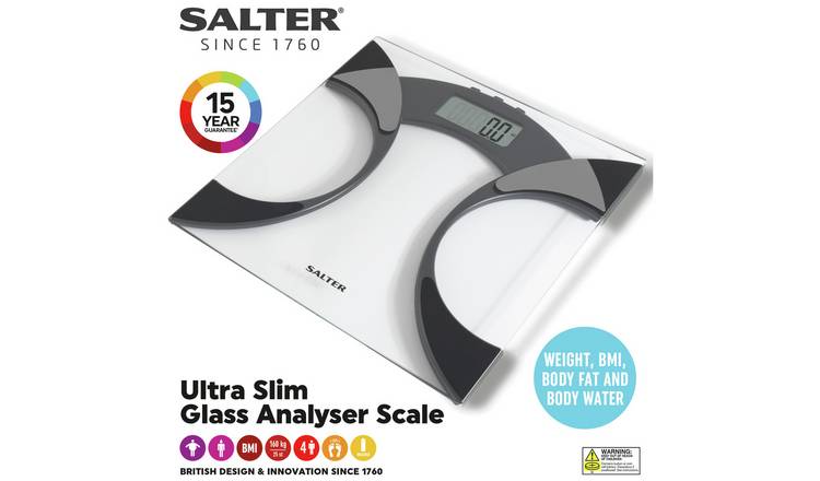 Compact Glass Analyser Bathroom Scale, Silver - Measures weight, body fat  %, body water % and BMI