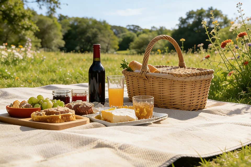 Picnic blanket with a basket and food set up in a sunny park.
