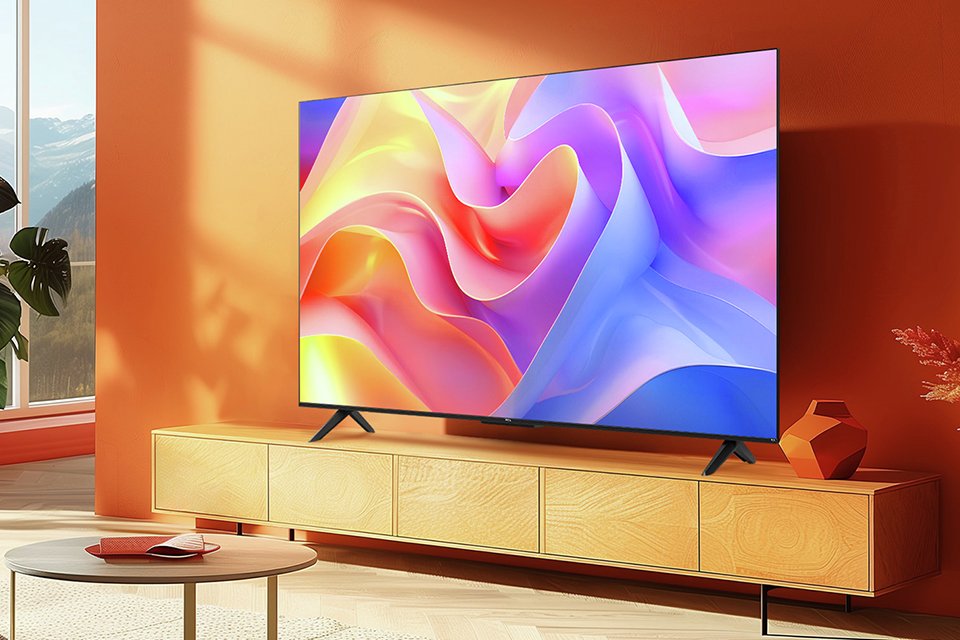 TCL 55-inch smart TV on a wooden unit against an orange living-room wall.