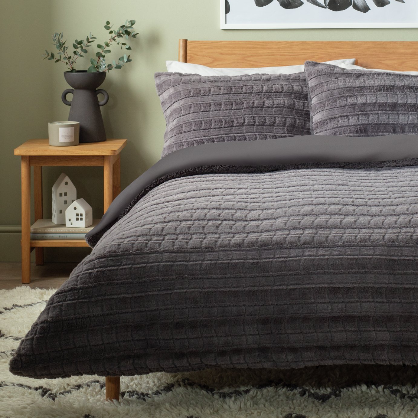 Argos Home Chequered Fur Grey Bedding Set - Superking