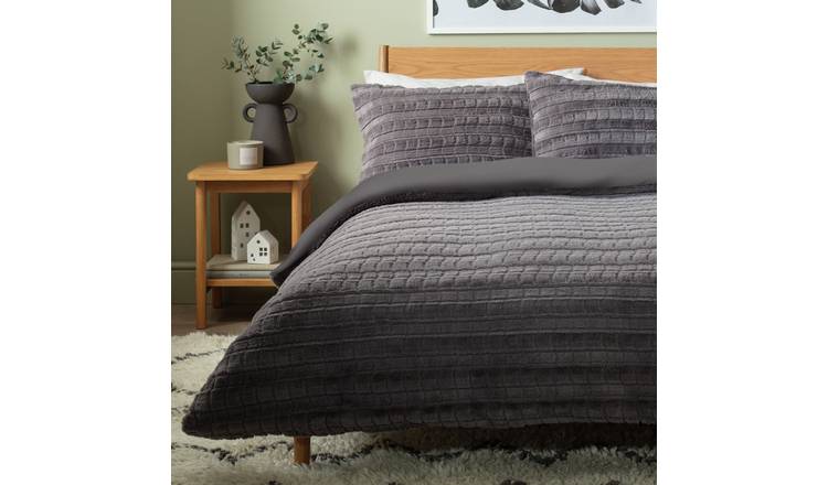 Argos Home Chequered Fur Grey Bedding Set - Superking