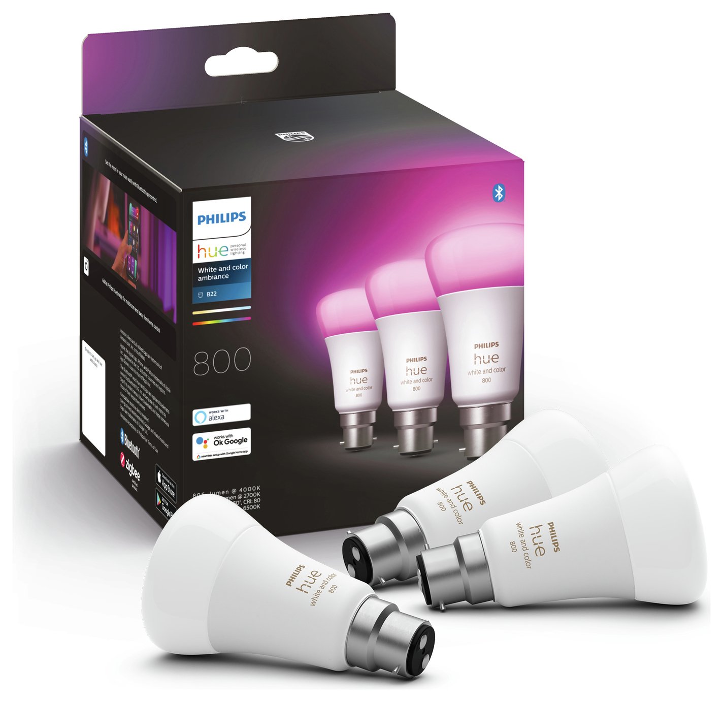 Philips Hue B22 Colour Smart LED Wi-Fi Bulb - 3 Pack