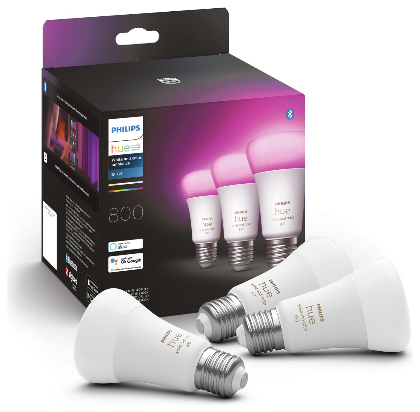 Philips Hue E27 Colour Smart LED W-Fi Bulb - 3 Pack