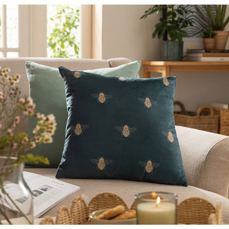 Habitat Gold Bee Printed Cushion - Teal - 43x43cm 0