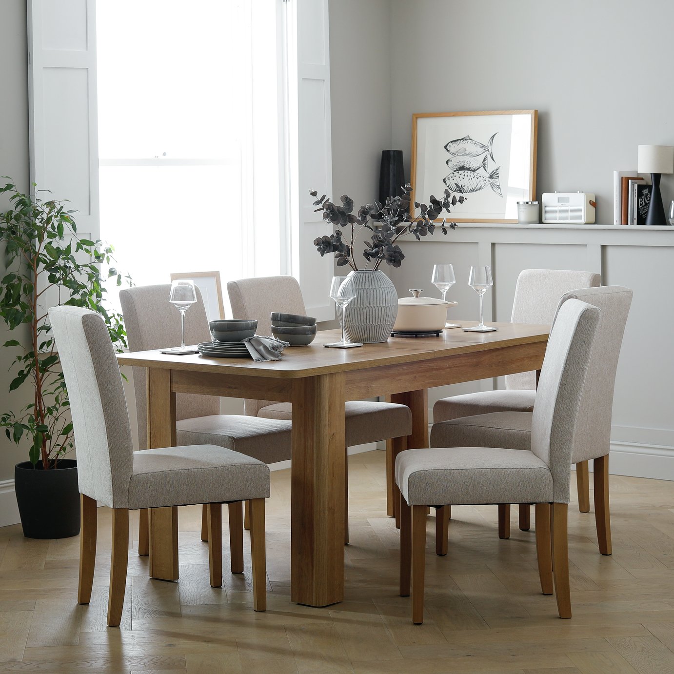 Argos Home Miami Oak Curve Dining Table & 6 Cream Chairs