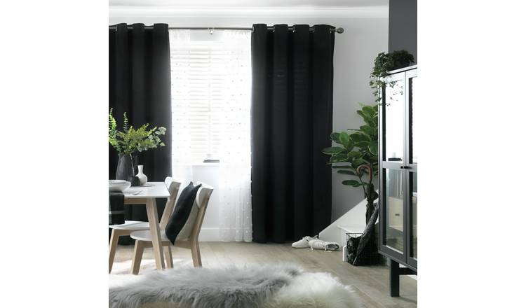 Habitat Plain Matt Velvet Eyelet Curtains - Black