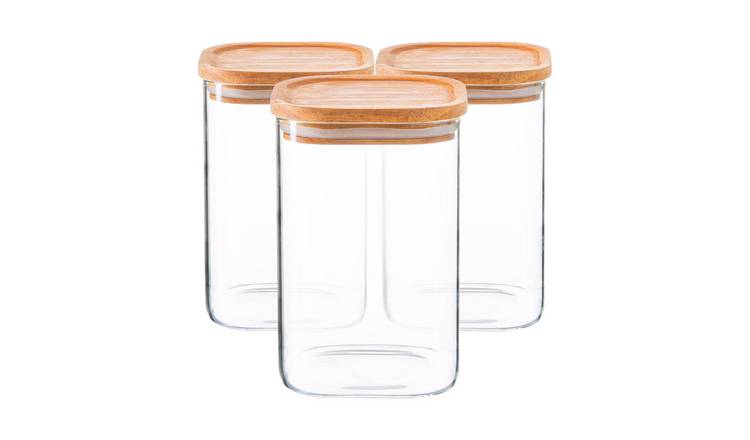 Argon Tableware Square Glass Storage Jars with Wooden Lids - Pack of 6 - 1100ml