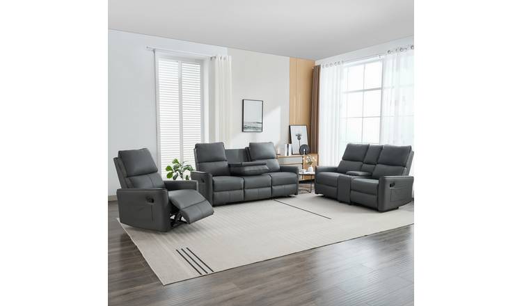 Furniture Online Madrid Manual Recliner Leather 1+2+3 Seater Sofa Set - Grey