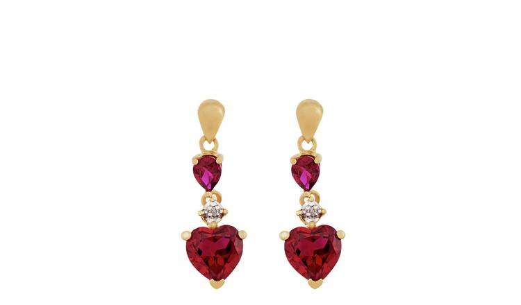 Revere 9ct Yellow Gold Created Ruby & Diamond Drop Earrings