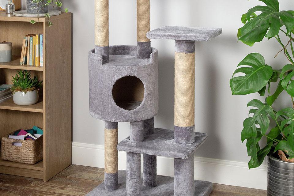 A scratching post and cat tree.