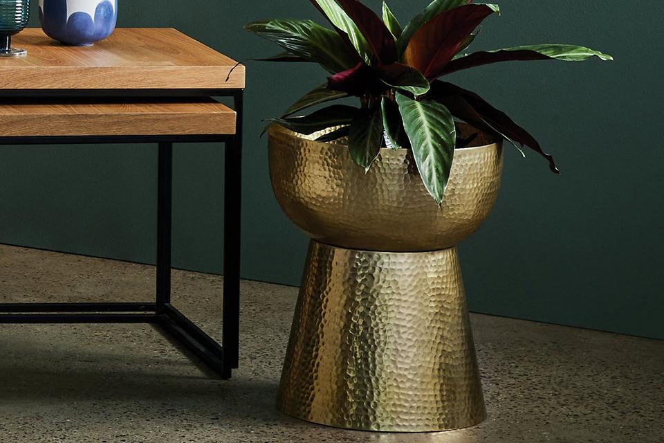 Gold vase with plant.