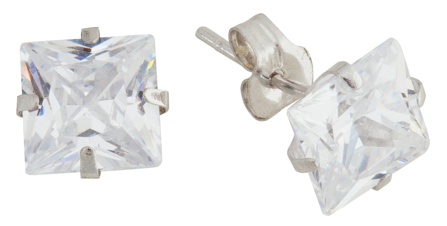 Revere 9ct White Gold Square CZ 6mm Stud Earrings