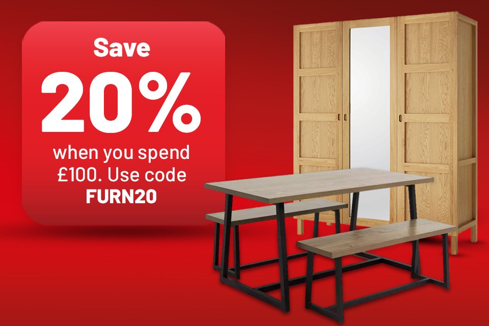 Save 20% when you spend £100 on selected indoor furniture using code FURN20.