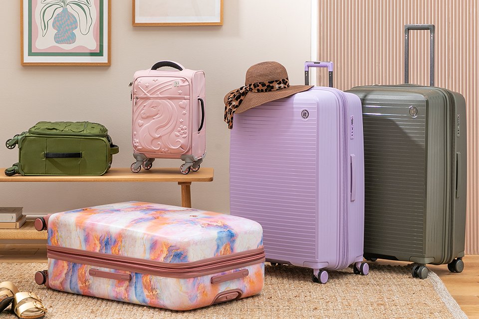 Range of colourful suitcases.