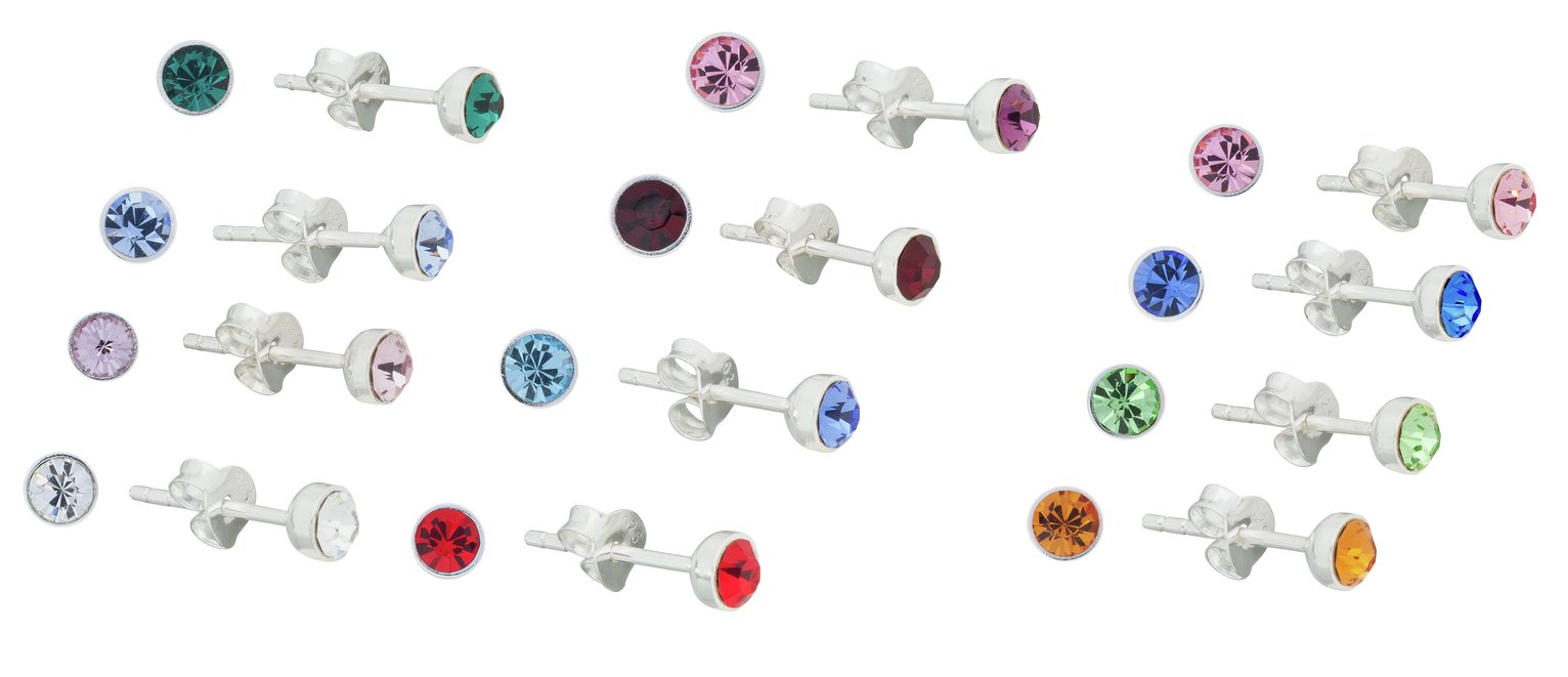 Revere Sterling Silver Crystal Stud Earrings Set of 12 Pairs