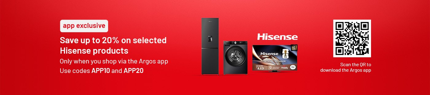 Save up to 20% on selected Hisense products with codes APP10 and APP20. Scan the QR code to download the app.