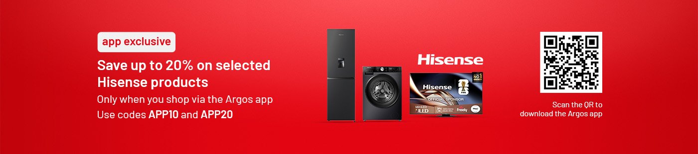 Save up to 20% on selected Hisense products with codes APP10 and APP20. Scan the QR code to download the app.