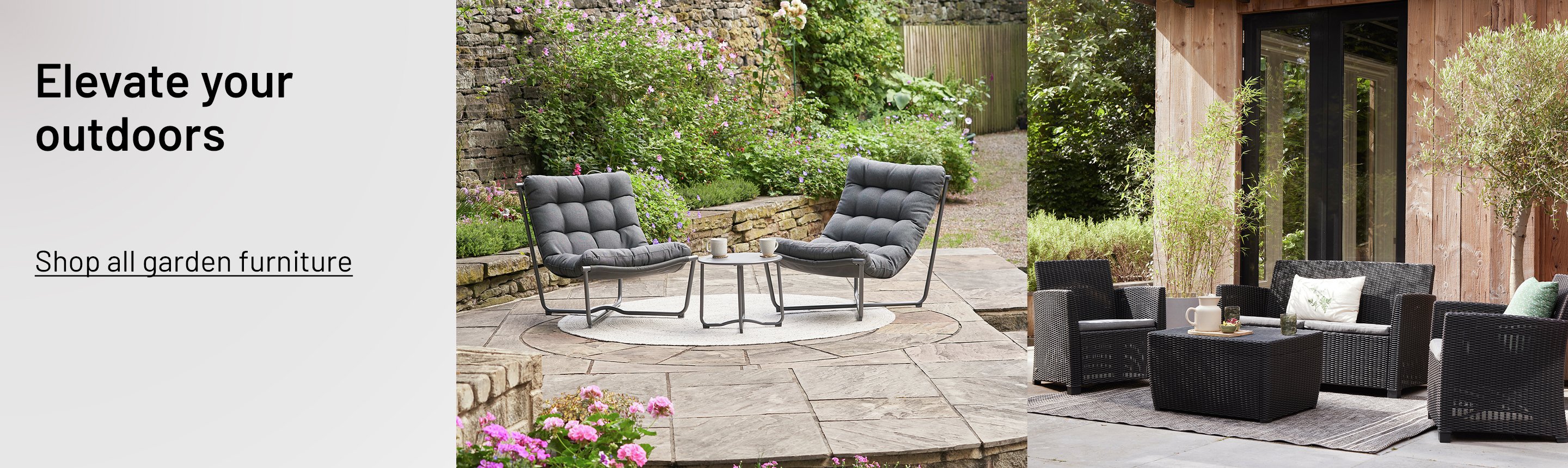 A banner with two garden sun loungers and a Keter garden sofa set placed outdoors.
