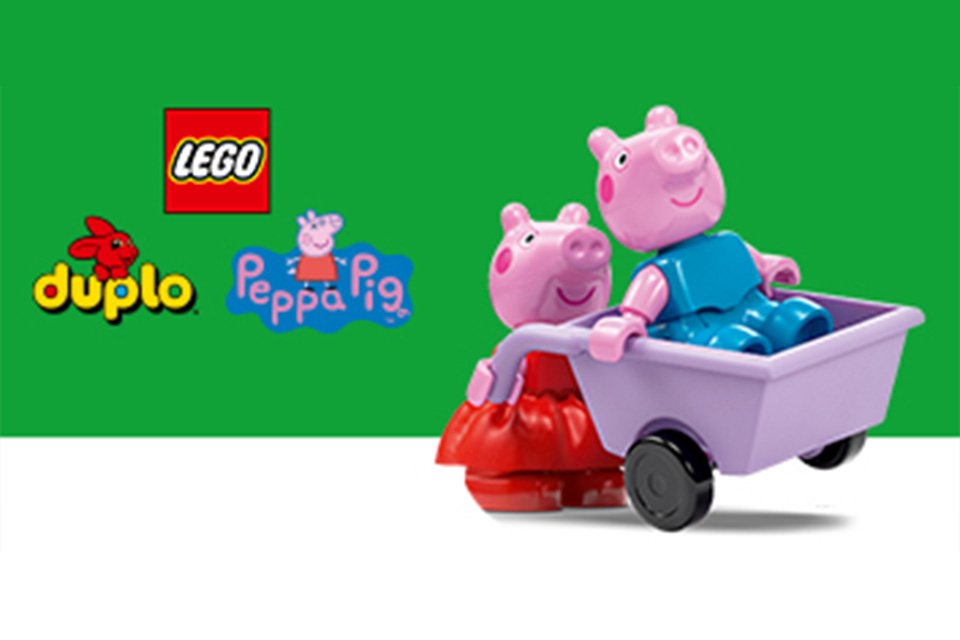 LEGO® DUPLO Peppa Pig minifigures on a green and white background with the LEGO®, DUPLO and Peppa Pig logos. 