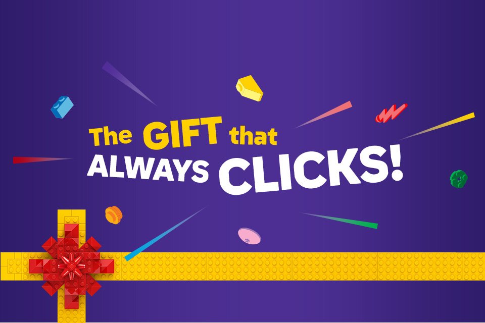 A yellow gift bow and colourful shapes with a message saying 'The Gift that Always Clicks'.