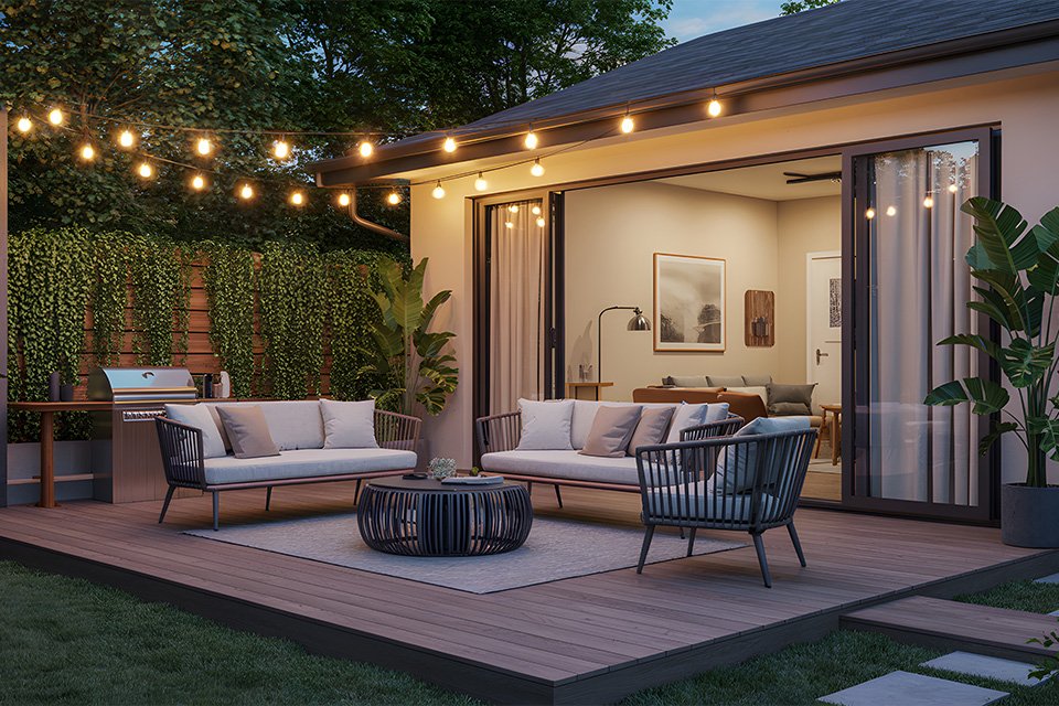 A cosy garden sofa set decorated with string lights.
