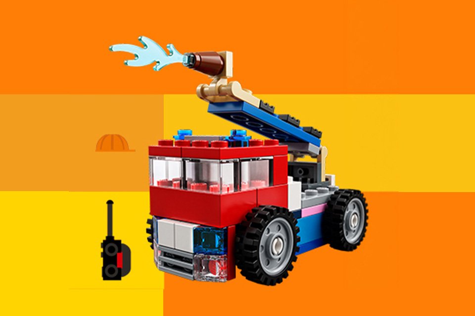 Yellow background with a LEGO® fire engine build. 