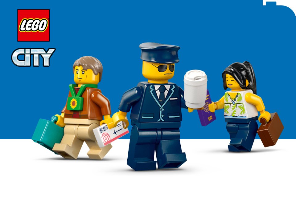 LEGO® City minifigures on a blue and white background with the LEGO® and City logos.