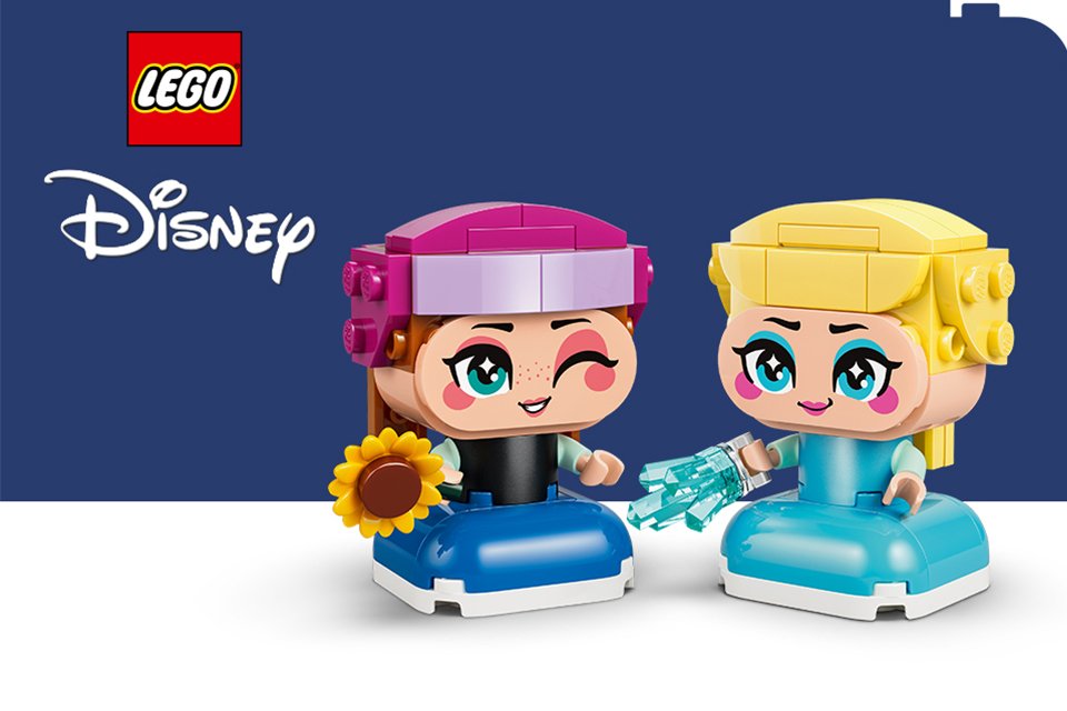 LEGO® Disney Frozen Mini Anna & Elsa on a navy and white background with the LEGO® and Disney logos.