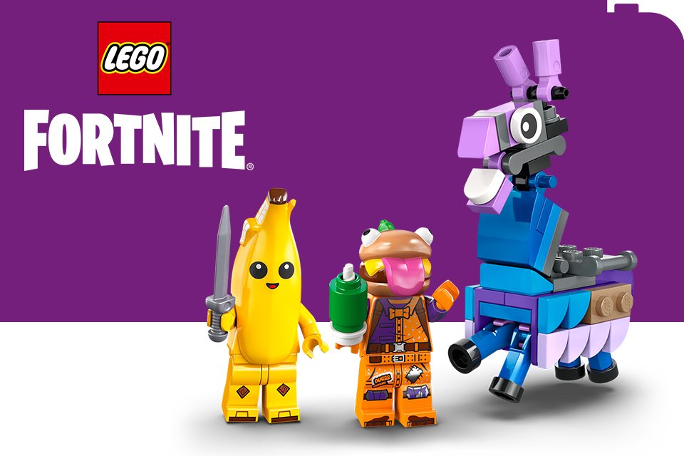LEGO® Fortnite minifigures on a purple and white background with the LEGO® and Fortnite logos.