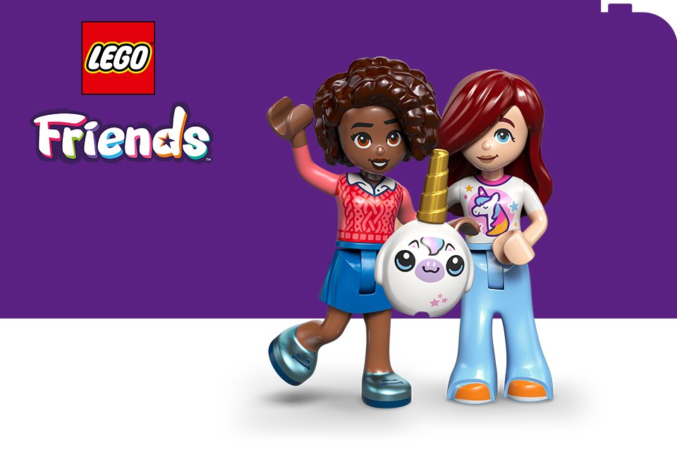 LEGO® Friends minifigures on a purple and white background with the LEGO® and Friends logos.