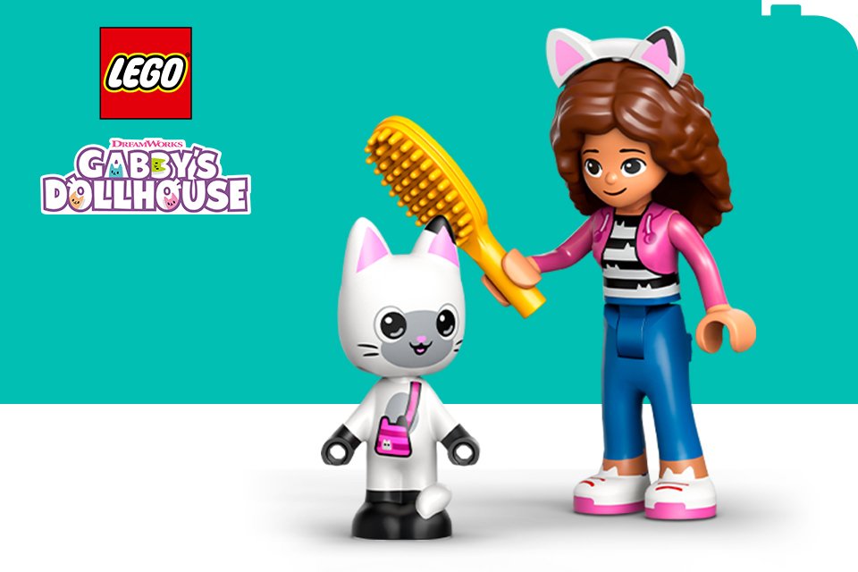 LEGO® Gabby's Dollhouse minifigures on a turquoise and white background with the LEGO® and Gabby's Dollhouse logos.