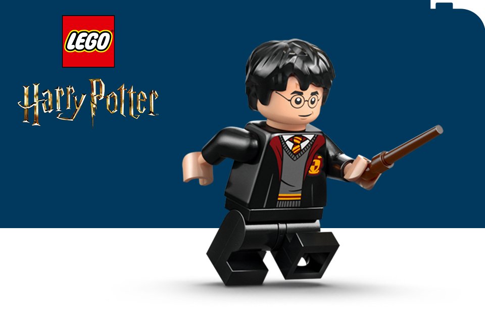 LEGO® Harry Potter minifigure on a navy and white background with the LEGO® and Harry Potter logos.
