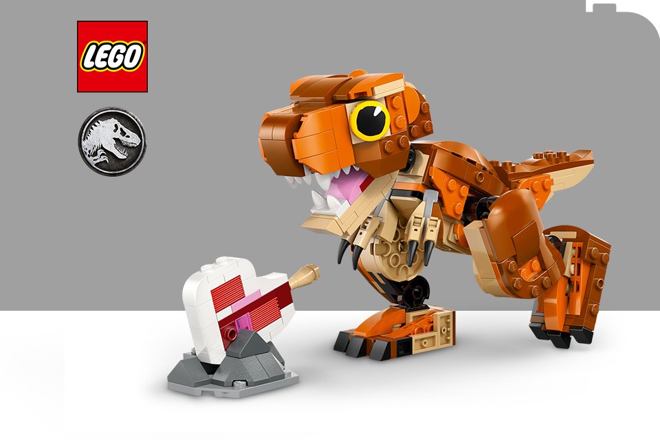 LEGO® Jurassic World Little Eatie T-rex on a grey and white background with the LEGO® and Jurassic World logos.